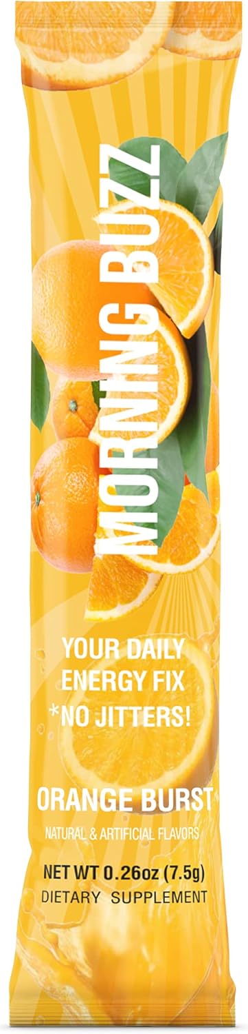 Orange Burst Morning Buzz Energy Powder Drink Mix - Sugar-Free Antioxidant Energy Boost - Sports Nutrition Endurance Product - 15 Servings, 4oz
