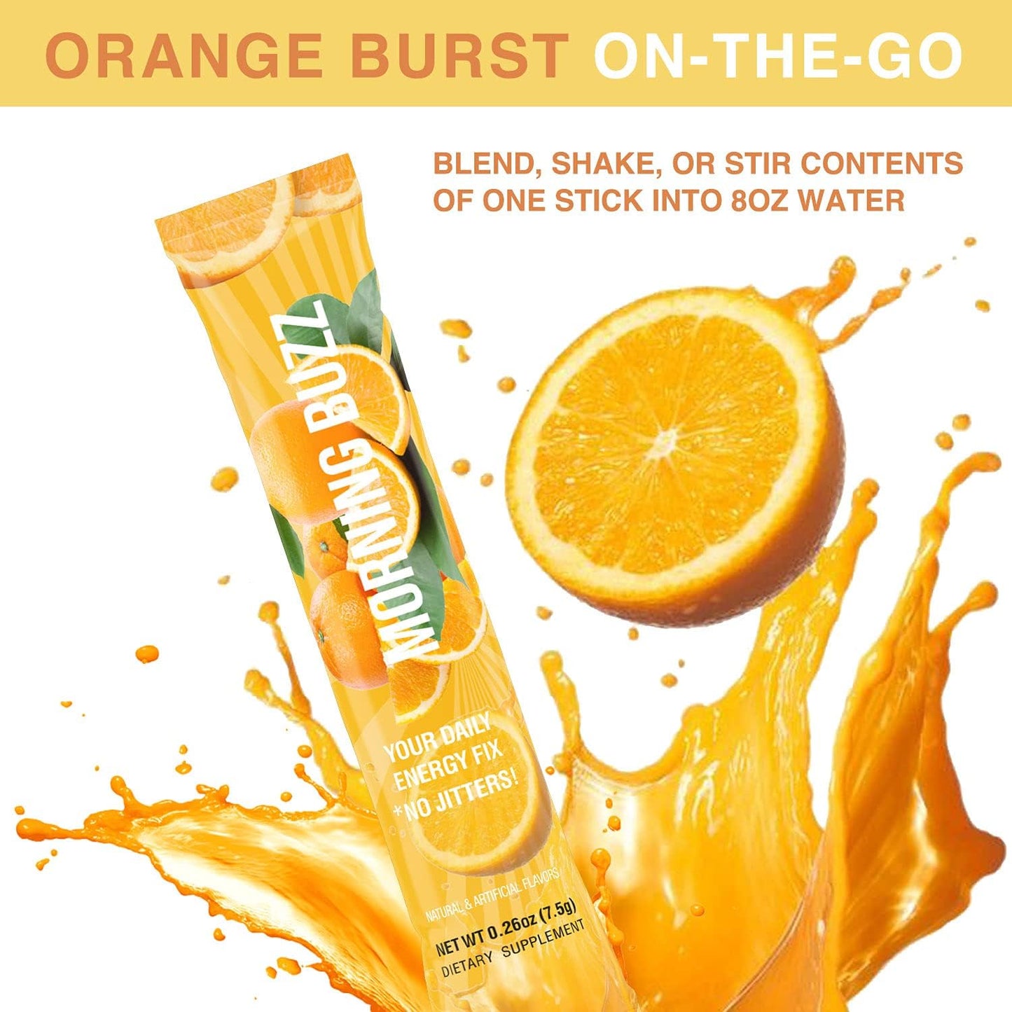Orange Burst Morning Buzz Energy Powder Drink Mix - Sugar-Free Antioxidant Energy Boost - Sports Nutrition Endurance Product - 15 Servings, 4oz