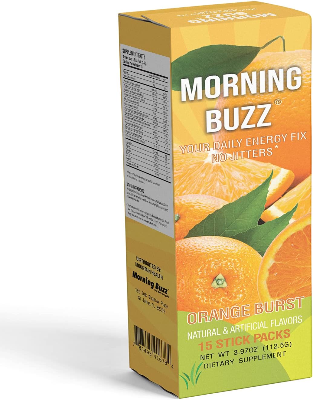 Orange Burst Morning Buzz Energy Powder Drink Mix - Sugar-Free Antioxidant Energy Boost - Sports Nutrition Endurance Product - 15 Servings, 4oz