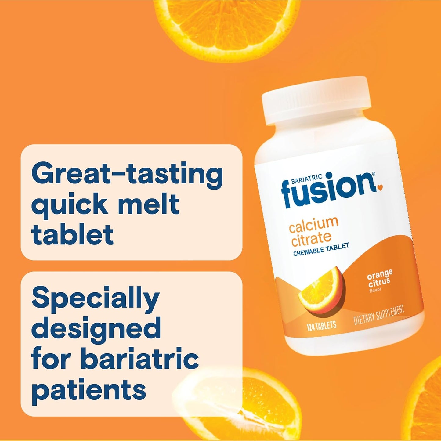 Orange Citrus Flavored Bariatric Fusion Calcium Citrate Chewables - 124 Count | Bone Health Support with Chewable Calcium Citrate | Gluten, Dairy, Soy Free & Non-GMO