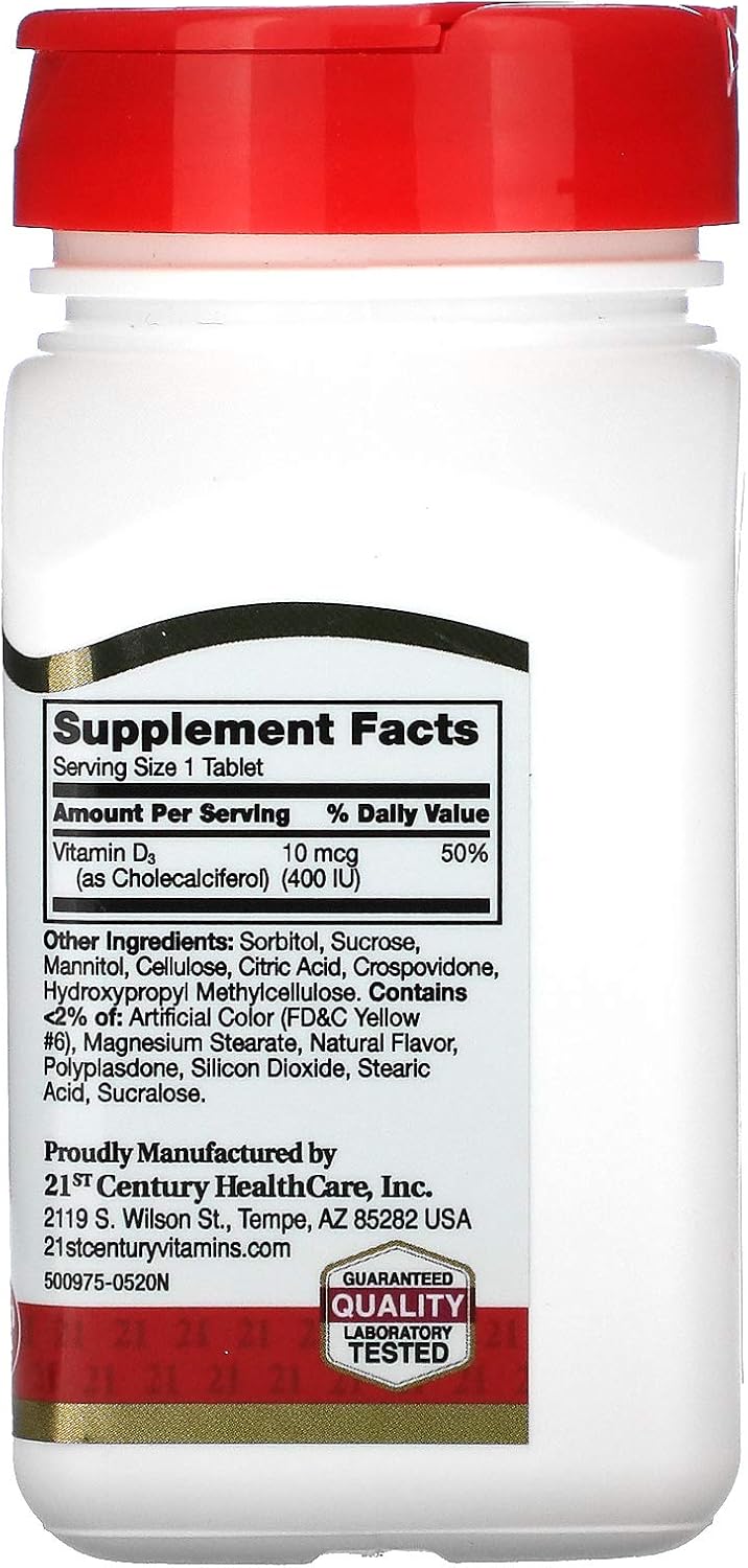 Orange Flavor Chewable Vitamin D3 400 IU - 110 Tablets for 21st Century