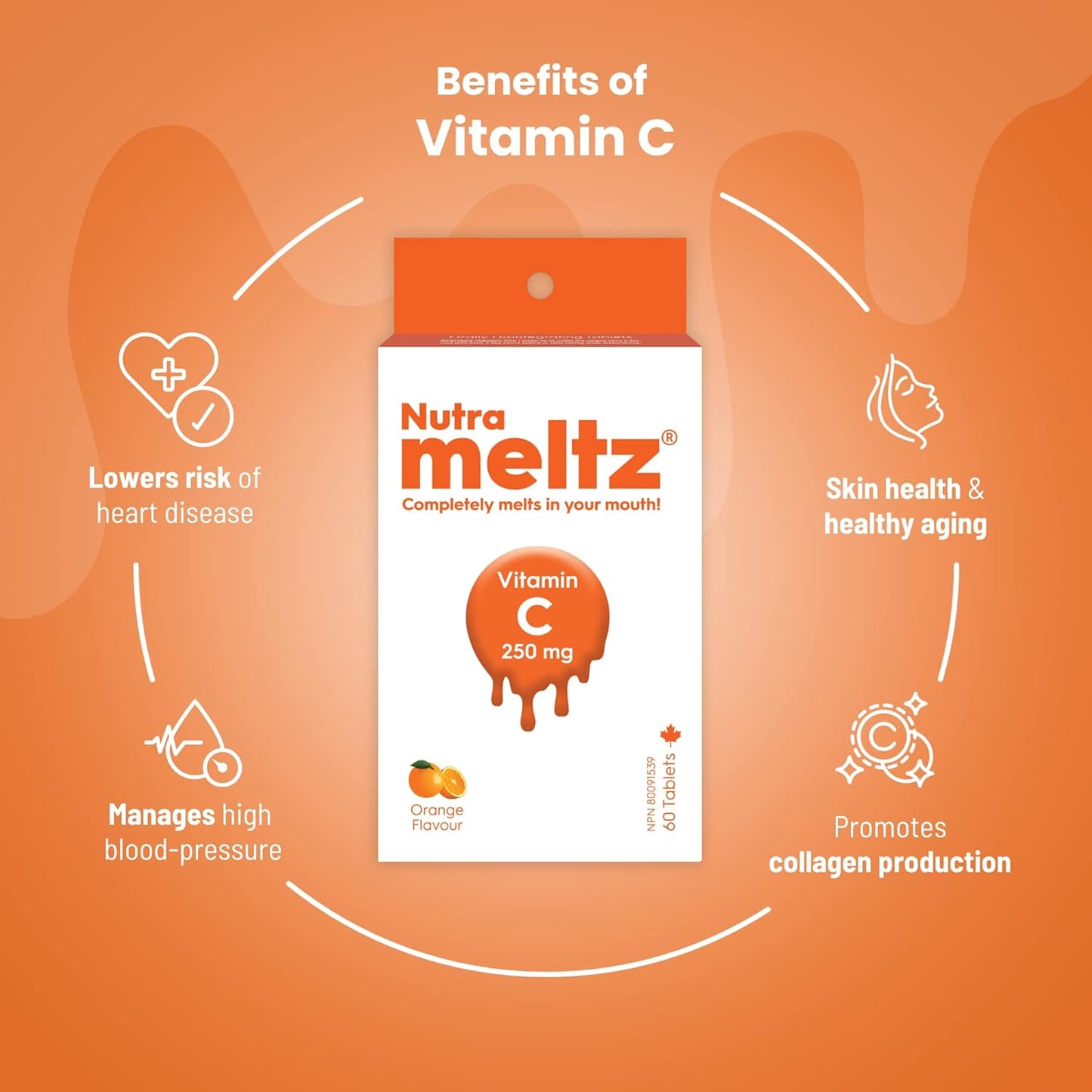 Orange Flavor Nutra Meltz Vitamin C 250mg Tablets - Boosts Immune Health & Bone Strength - 60 Quick Dissolving Tablets for Deficiency