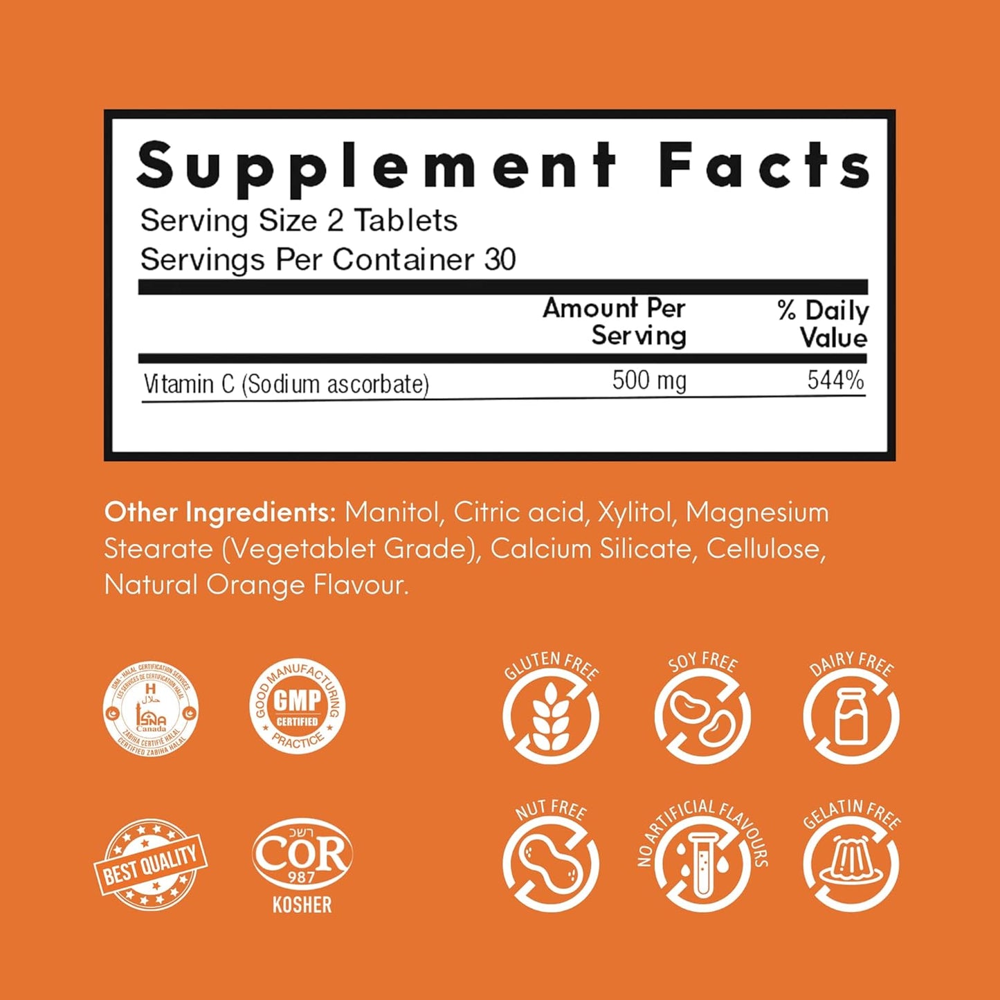 Orange Flavor Nutra Meltz Vitamin C 250mg Tablets - Boosts Immune Health & Bone Strength - 60 Quick Dissolving Tablets for Deficiency