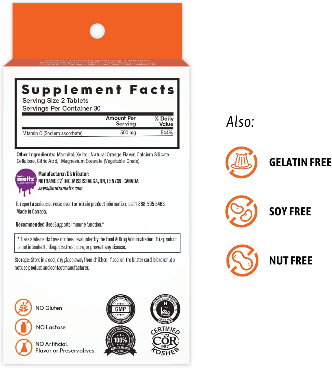 Orange Flavor Nutra Meltz Vitamin C 250mg Tablets - Boosts Immune Health & Bone Strength - 60 Quick Dissolving Tablets for Deficiency
