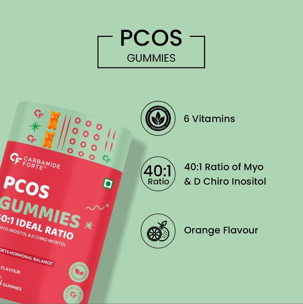 Orange Flavour PCOS Supplements for Women - 60 Veg Gummies with 40:1 Myo & D Chiro Inositol Ratio, Fortified with Vitamins & Minerals