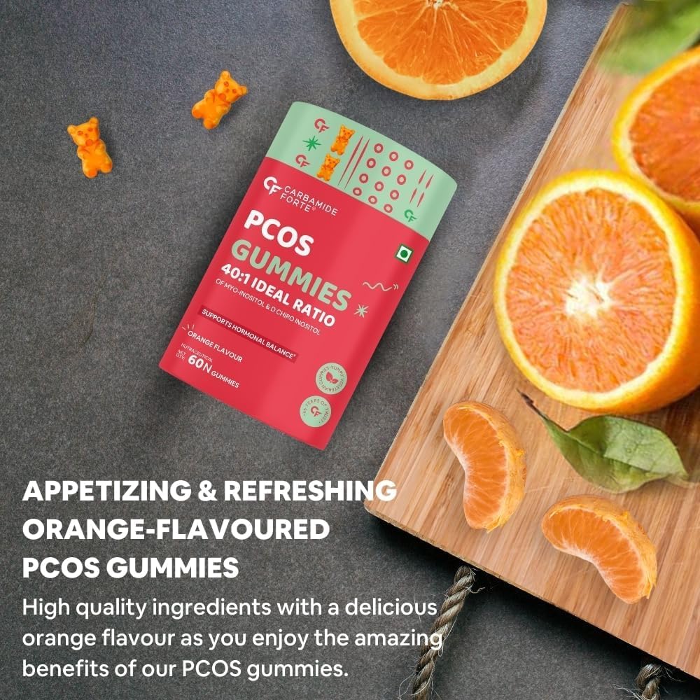 Orange Flavour PCOS Supplements for Women - 60 Veg Gummies with 40:1 Myo & D Chiro Inositol Ratio, Fortified with Vitamins & Minerals