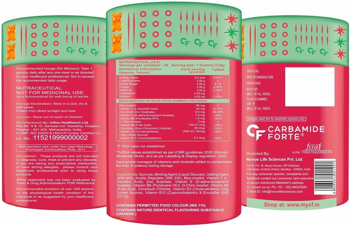 Orange Flavour PCOS Supplements for Women - 60 Veg Gummies with 40:1 Myo & D Chiro Inositol Ratio, Fortified with Vitamins & Minerals