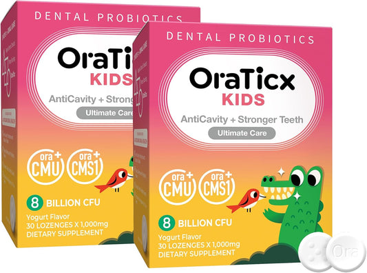OraTicx Kids Dental Probiotics: 8 Billion CFU for Healthy Teeth & Gums, Yogurt Flavor, Sugar-Free, 2-Pack