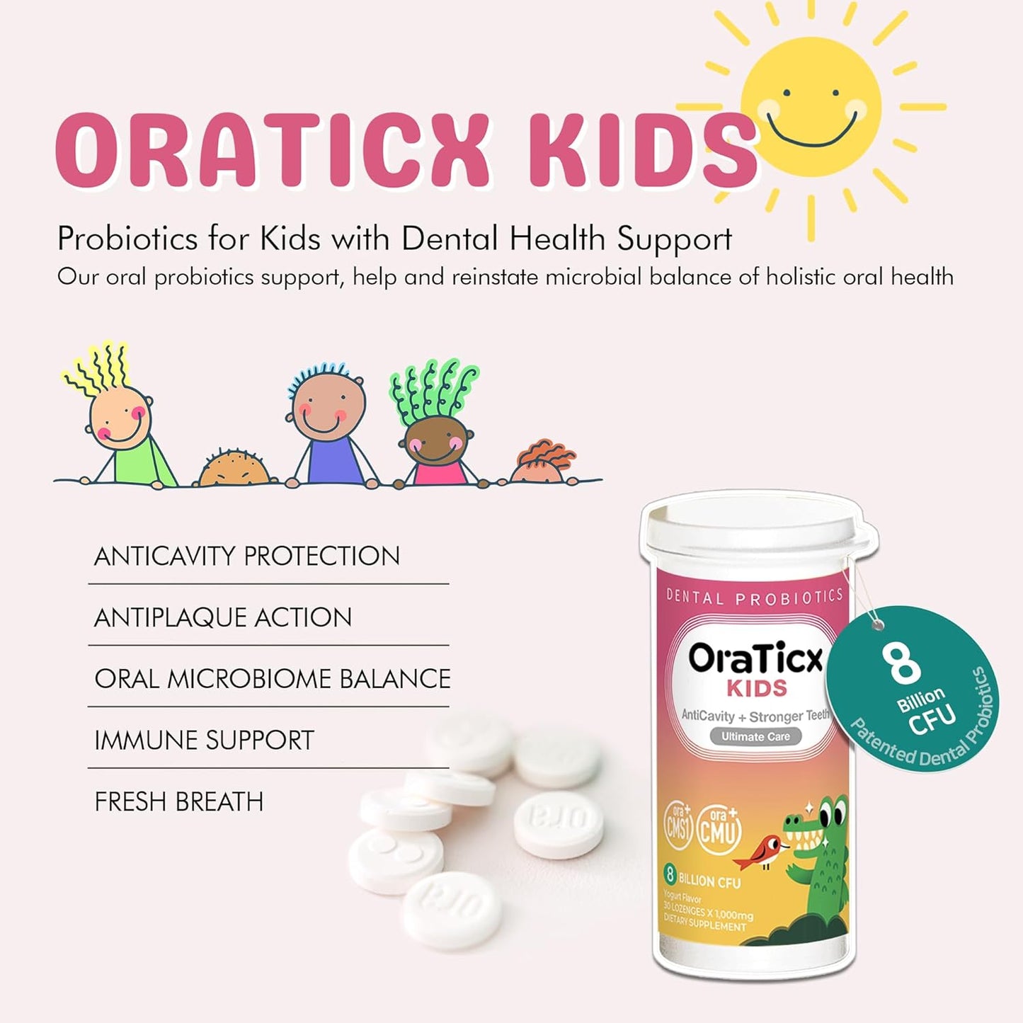 OraTicx Kids Dental Probiotics: 8 Billion CFU for Healthy Teeth & Gums, Yogurt Flavor, Sugar-Free, 2-Pack