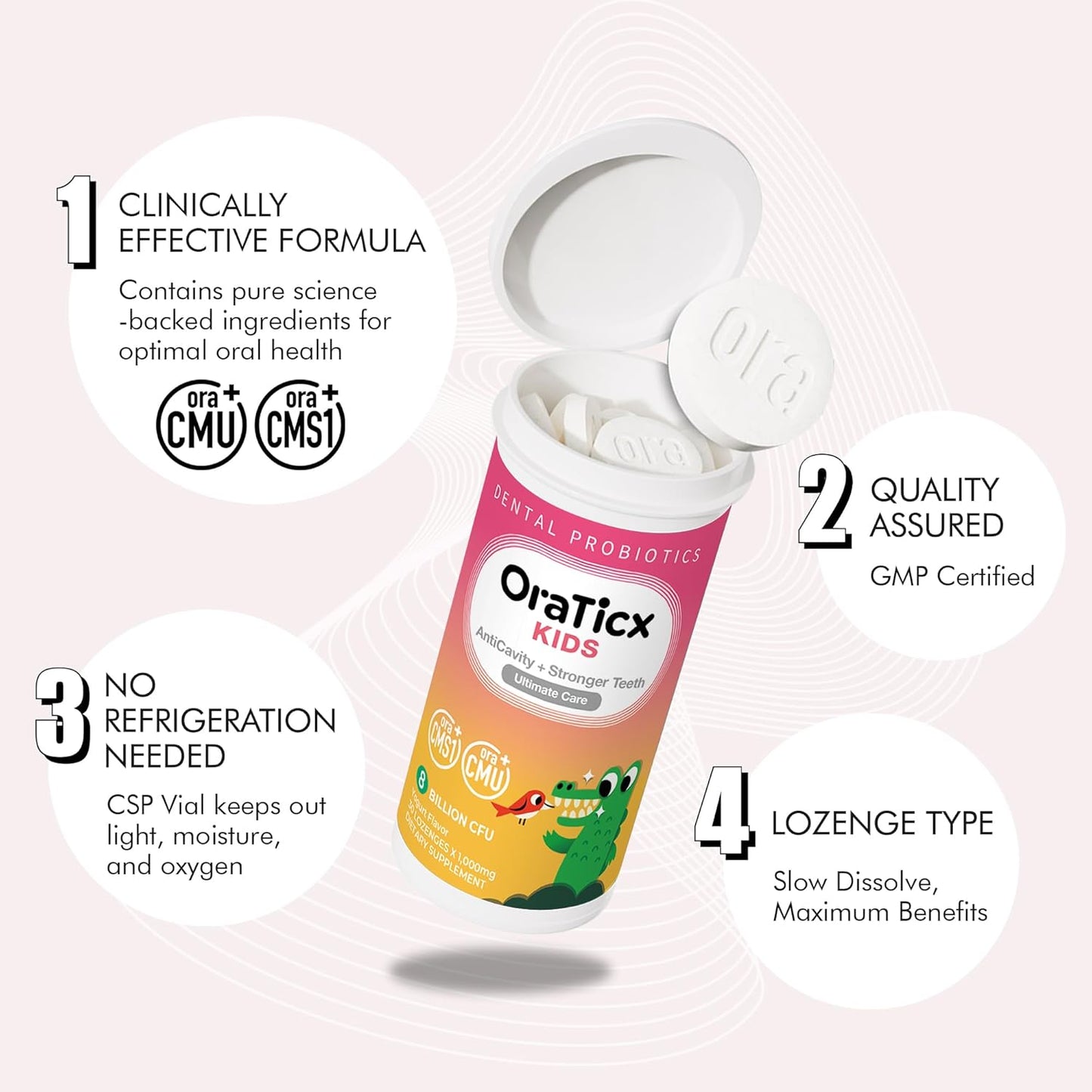 OraTicx Kids Dental Probiotics: 8 Billion CFU for Healthy Teeth & Gums, Yogurt Flavor, Sugar-Free, 2-Pack