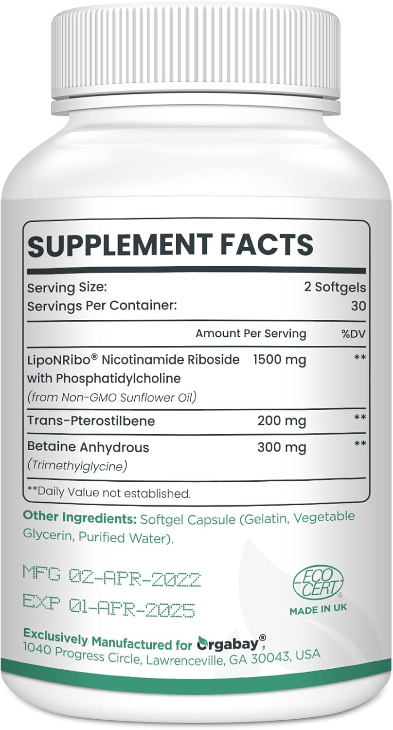 Orgabay Liposomal Nicotinamide Riboside 2000MG with TMG and Pterostilbene, NAD+ Booster for Healthy Aging, 60 Capsules