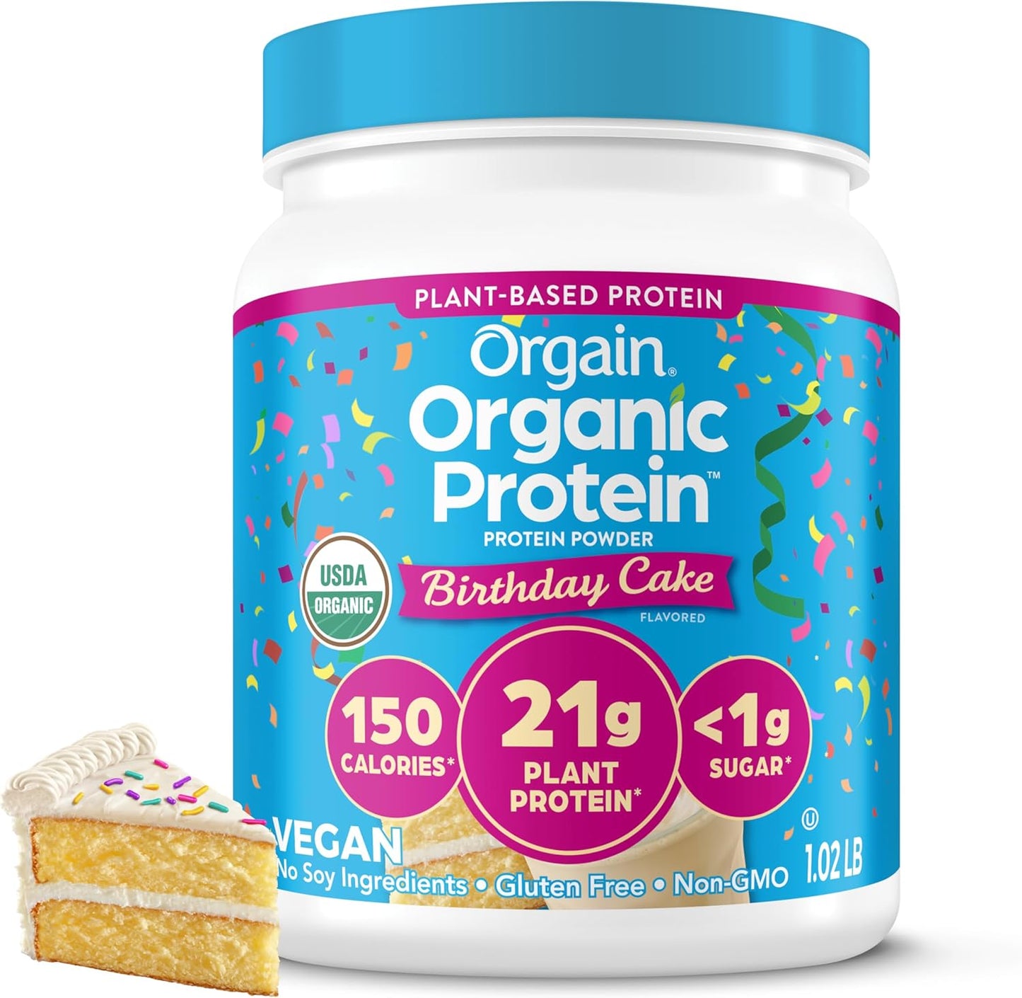 Orgain Birthday Cake Vegan Protein Powder - 21g Plant Protein, 7g Fiber, Low Net Carb, Non-GMO, No Added Sugar - 1.02 lb