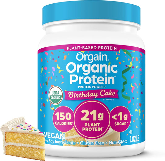 Orgain Birthday Cake Vegan Protein Powder - 21g Plant Protein, 7g Fiber, Low Net Carb, Non-GMO, No Added Sugar - 1.02 lb