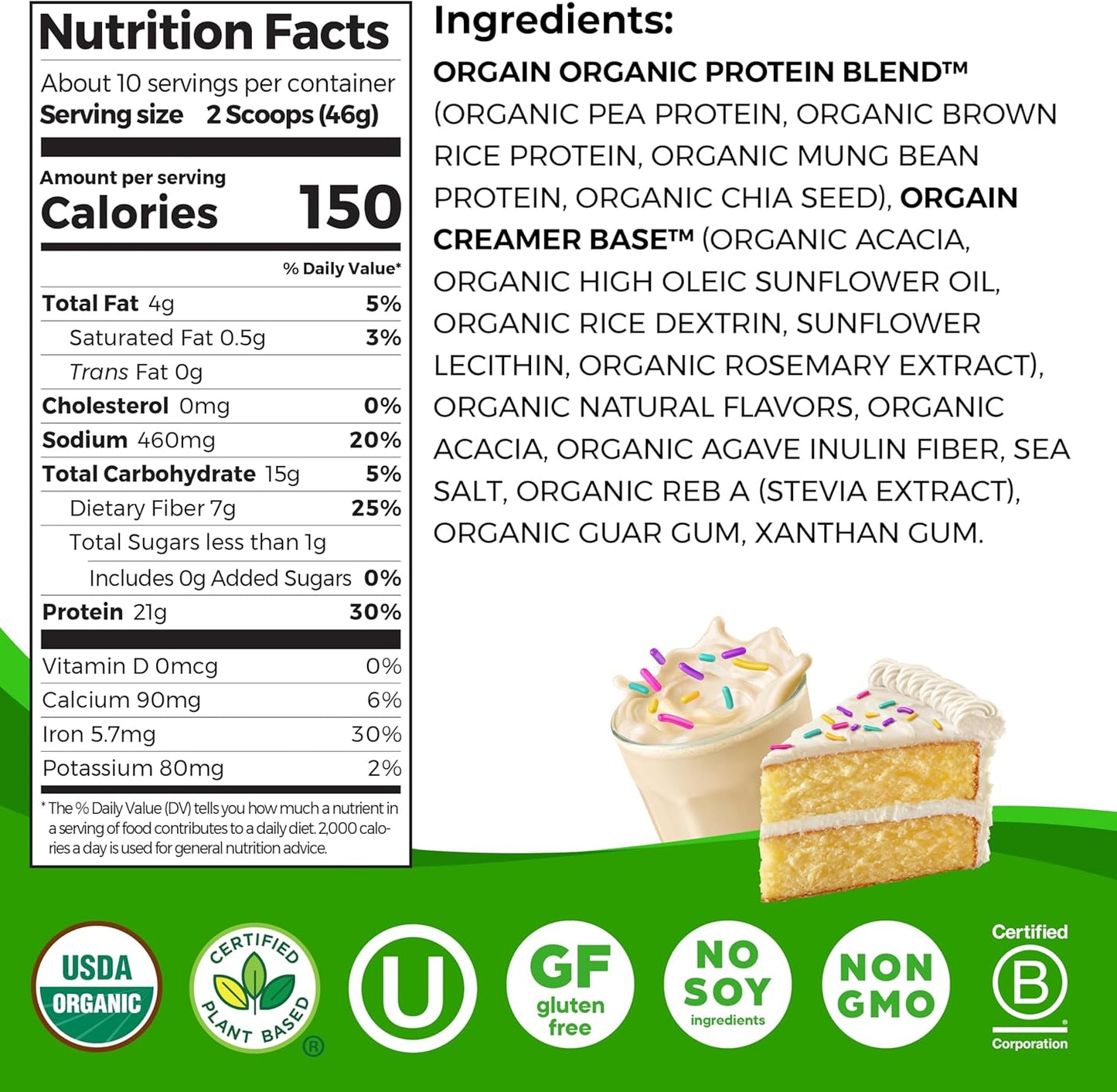 Orgain Birthday Cake Vegan Protein Powder - 21g Plant Protein, 7g Fiber, Low Net Carb, Non-GMO, No Added Sugar - 1.02 lb