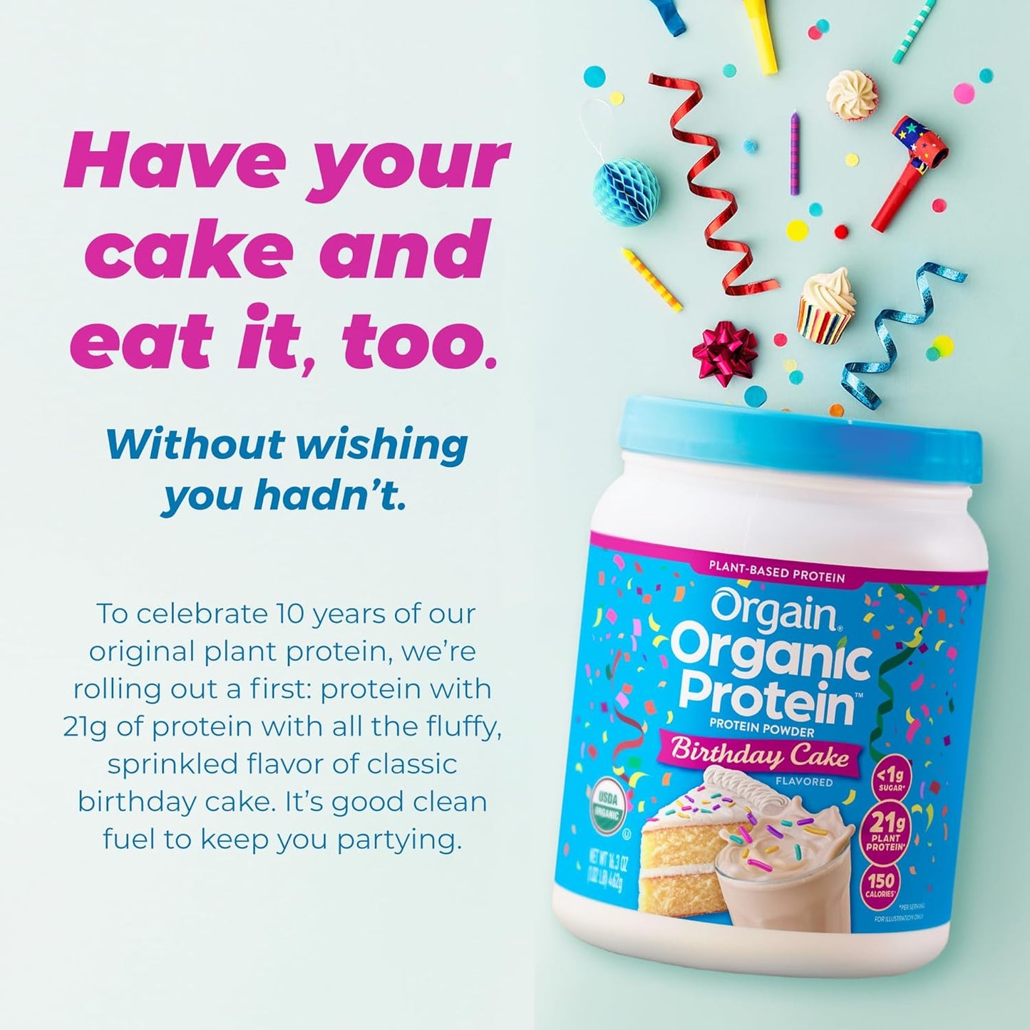 Orgain Birthday Cake Vegan Protein Powder - 21g Plant Protein, 7g Fiber, Low Net Carb, Non-GMO, No Added Sugar - 1.02 lb