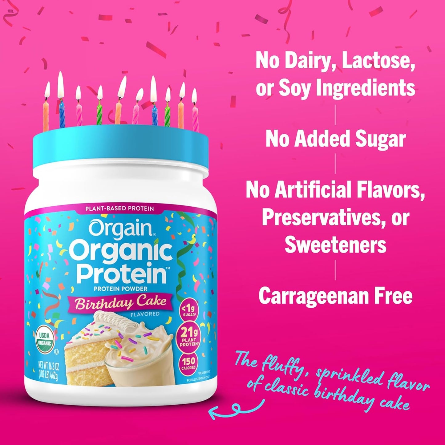 Orgain Birthday Cake Vegan Protein Powder - 21g Plant Protein, 7g Fiber, Low Net Carb, Non-GMO, No Added Sugar - 1.02 lb