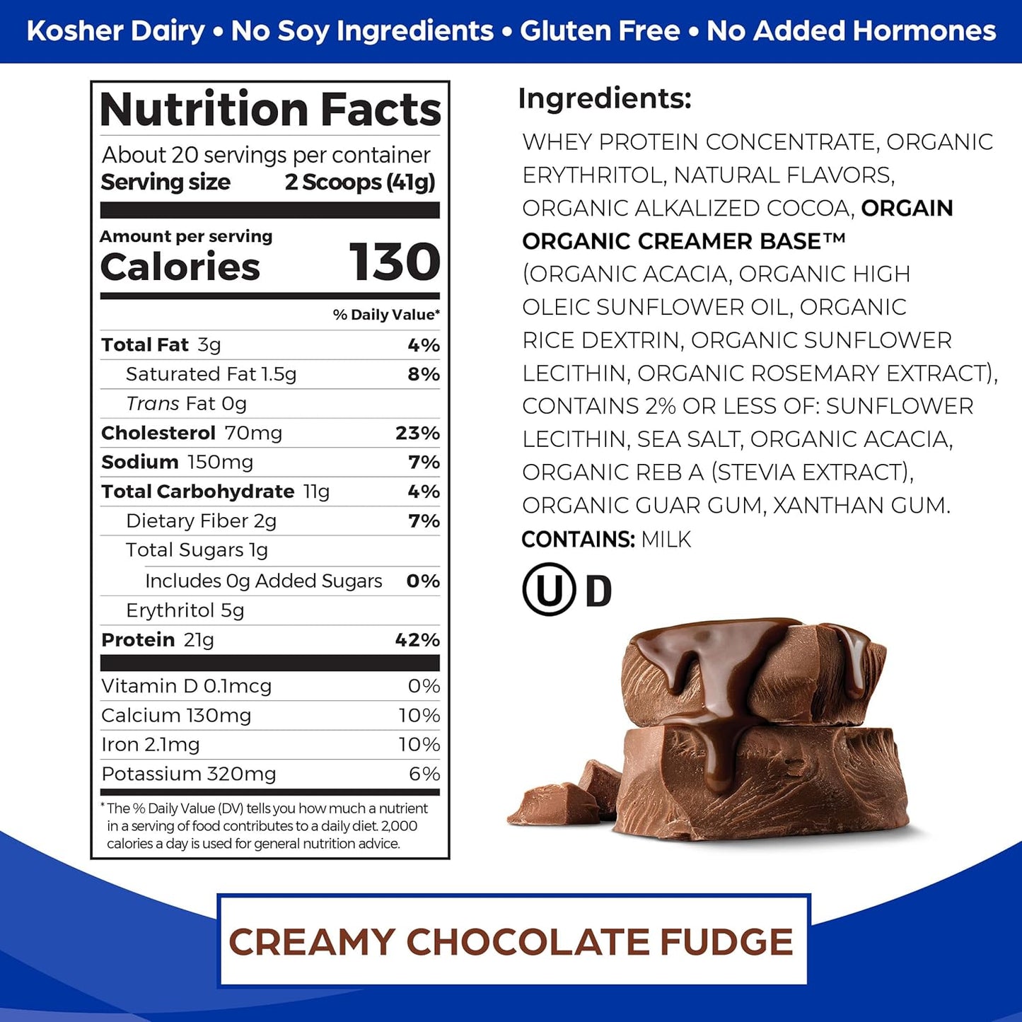 Orgain Creamy Chocolate Fudge Whey Protein Powder - Grass Fed Dairy Protein with BCAAs & Prebiotic Fiber, No Added Sugar, Hormones, Gluten Free - For Shakes & Smoothies - 1.82lb