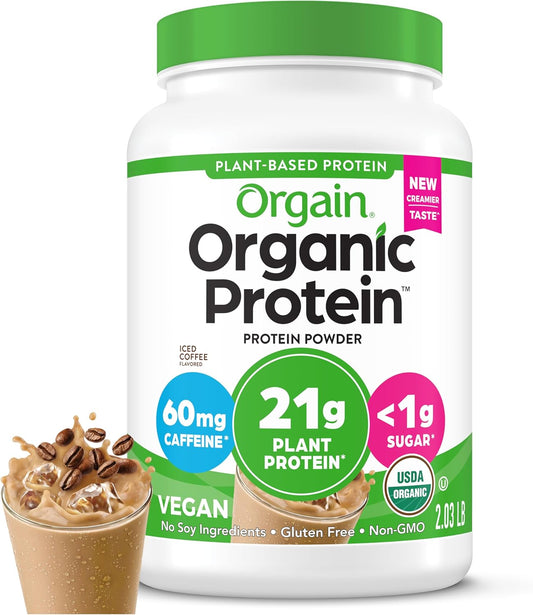 Orgain Iced Coffee Vegan Protein Powder - 21g Plant Protein, Low Net Carb, Non-GMO, No Added Sugar - Shakes & Smoothies - 2.03 lb