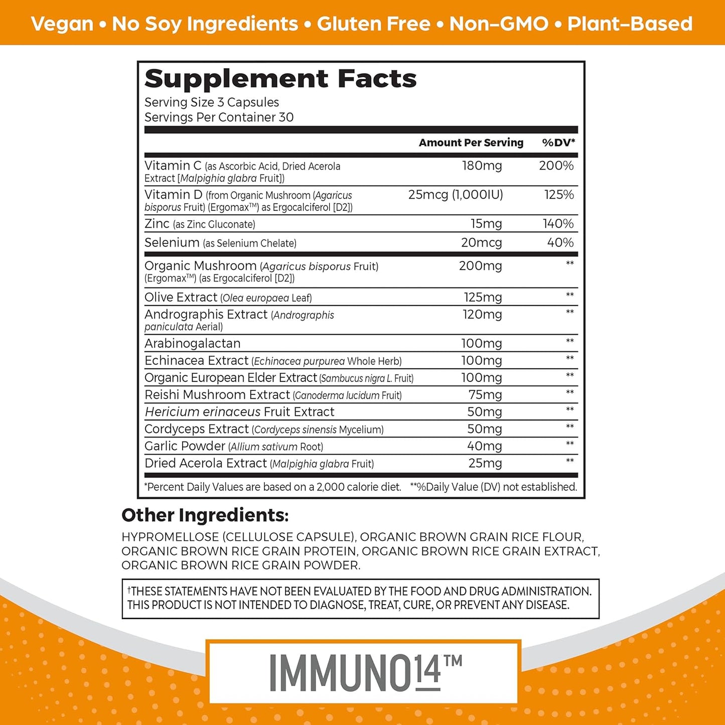 Orgain Immune Support Capsules with 14 Plant-Based Ingredients + Elderberry, Acerola Cherry, Organic Mushroom - Gluten Free, 90 ct