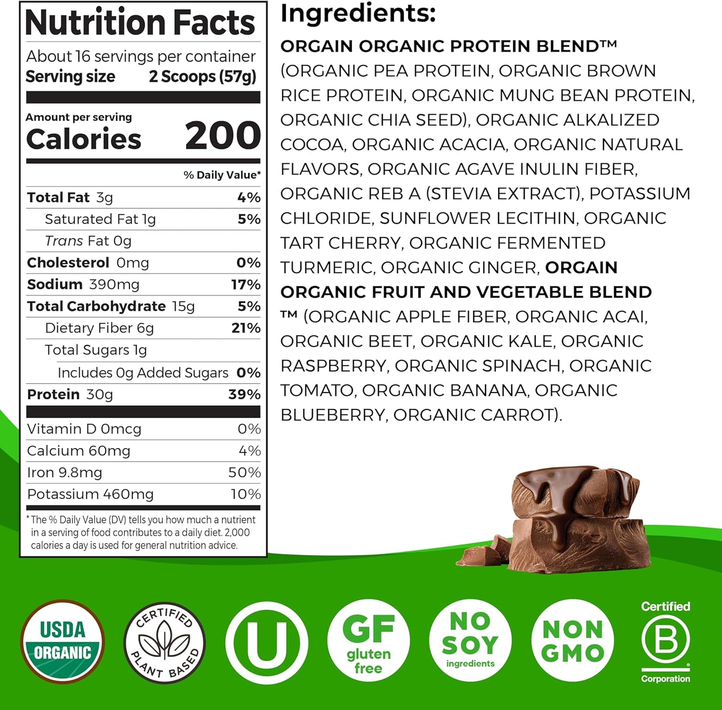 Orgain Organic Chocolate Vegan Protein Powder - 30g Protein, 9g EAAs + BCAAs, Plant-Based, Prebiotic Fiber, 1g Sugar - 2.01lb