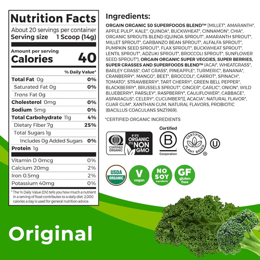Orgain Organic Greens Powder with 50 Superfoods, Probiotics, Antioxidants - Vegan, Plant Based, Gluten Free Juice Mix - 0.62lb
