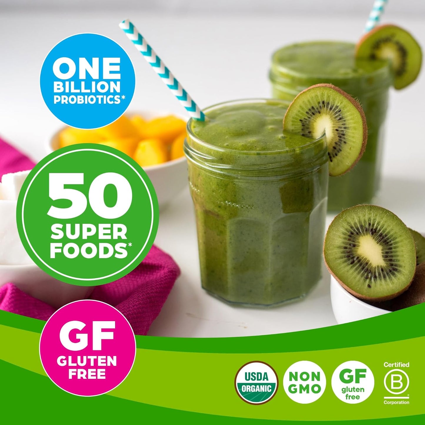 Orgain Organic Greens Powder with 50 Superfoods, Probiotics, Antioxidants - Vegan, Plant Based, Gluten Free Juice Mix - 0.62lb