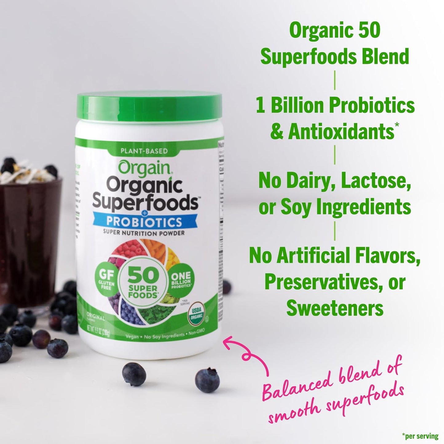 Orgain Organic Greens Powder with 50 Superfoods, Probiotics, Antioxidants - Vegan, Plant Based, Gluten Free Juice Mix - 0.62lb