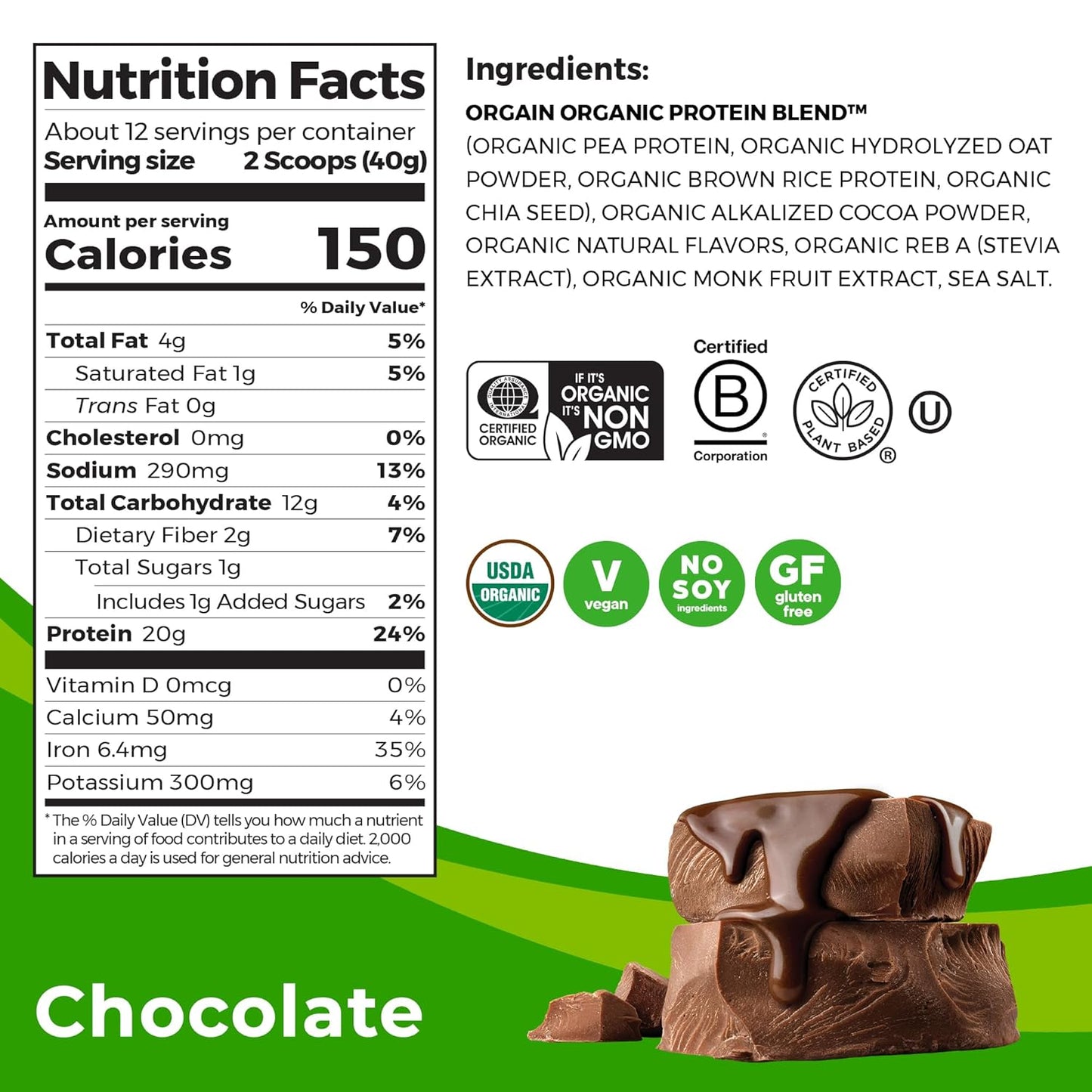 Orgain Organic Vegan Chocolate Protein Powder with Oat Milk - 20g Plant-Based Protein, Gluten-Free, Non-Dairy, Low Sugar - 1.05lb