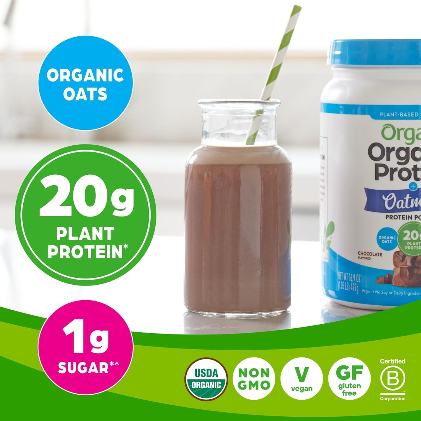 Orgain Organic Vegan Chocolate Protein Powder with Oat Milk - 20g Plant-Based Protein, Gluten-Free, Non-Dairy, Low Sugar - 1.05lb