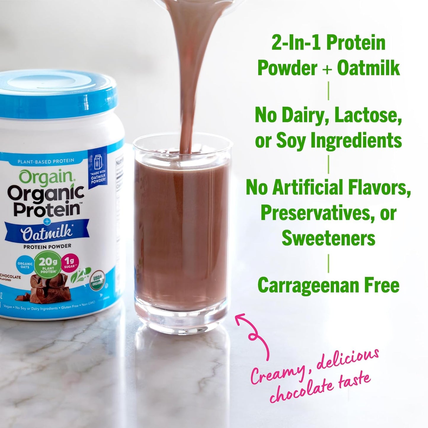 Orgain Organic Vegan Chocolate Protein Powder with Oat Milk - 20g Plant-Based Protein, Gluten-Free, Non-Dairy, Low Sugar - 1.05lb