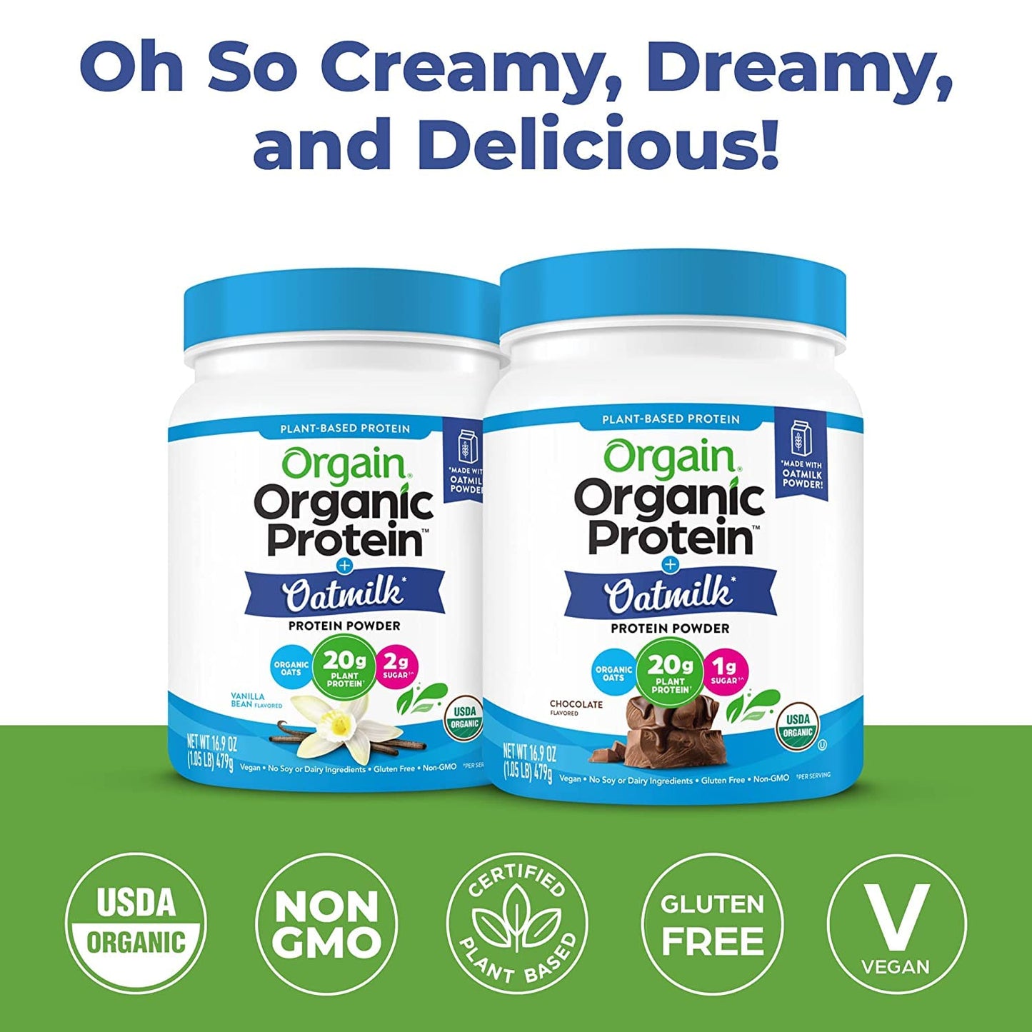 Orgain Organic Vegan Chocolate Protein Powder with Oat Milk - 20g Plant-Based Protein, Gluten-Free, Non-Dairy, Low Sugar - 1.05lb