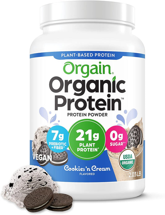 Orgain Organic Vegan Cookies & Cream Protein Powder - 21g Plant-Based Protein, 7g Prebiotic Fiber, Low Net Carb, Non-GMO, 2.03 lb