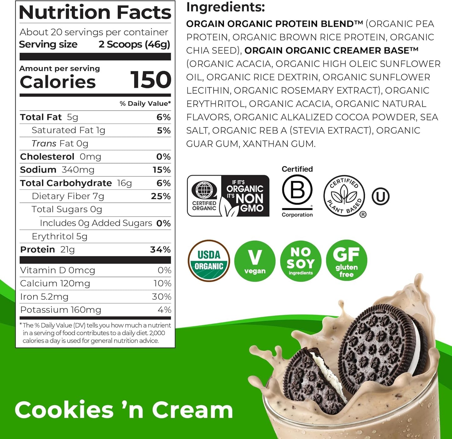 Orgain Organic Vegan Cookies & Cream Protein Powder - 21g Plant-Based Protein, 7g Prebiotic Fiber, Low Net Carb, Non-GMO, 2.03 lb