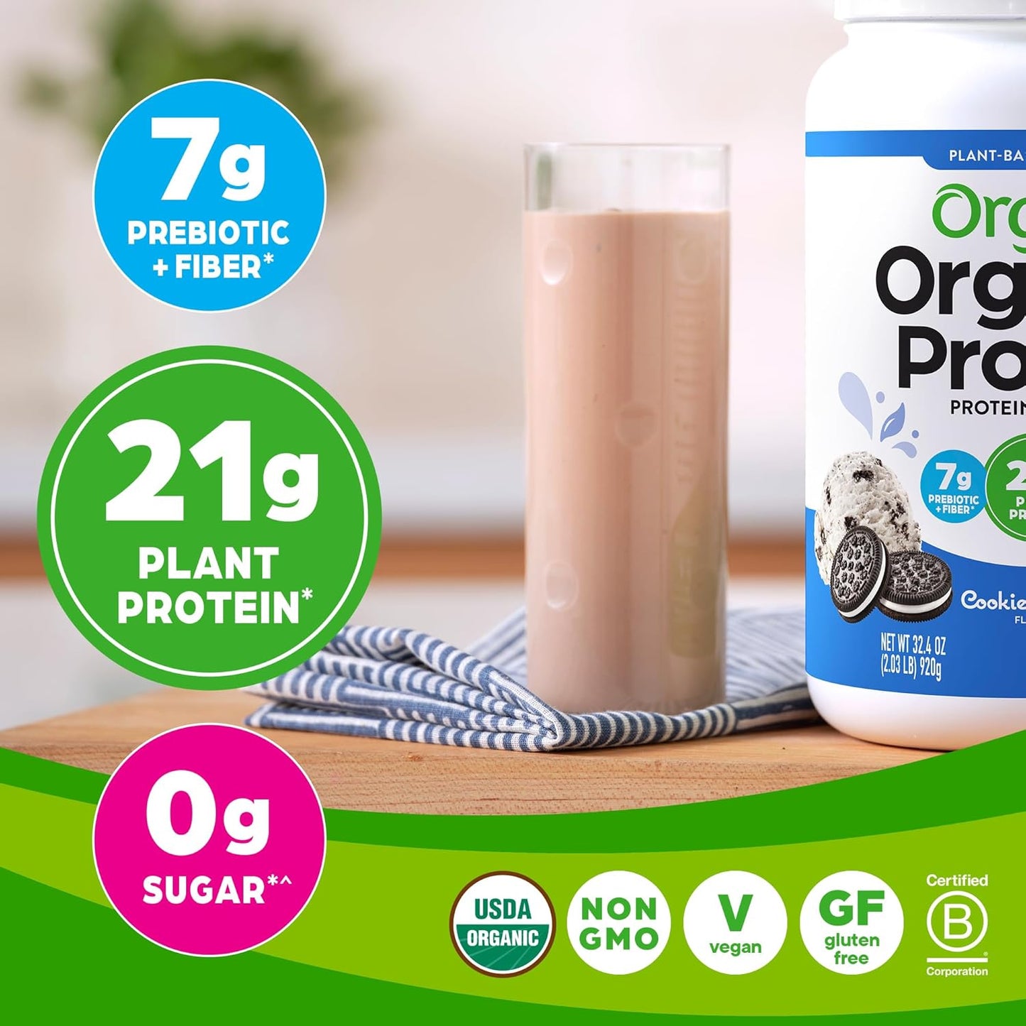 Orgain Organic Vegan Cookies & Cream Protein Powder - 21g Plant-Based Protein, 7g Prebiotic Fiber, Low Net Carb, Non-GMO, 2.03 lb