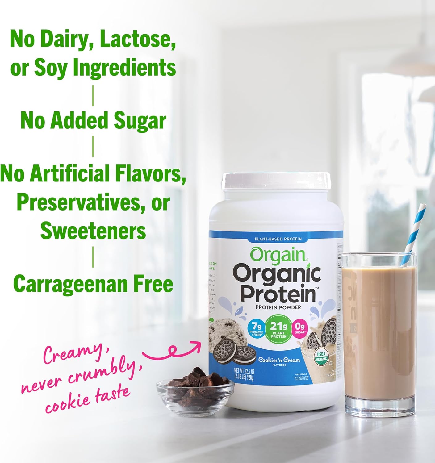 Orgain Organic Vegan Cookies & Cream Protein Powder - 21g Plant-Based Protein, 7g Prebiotic Fiber, Low Net Carb, Non-GMO, 2.03 lb