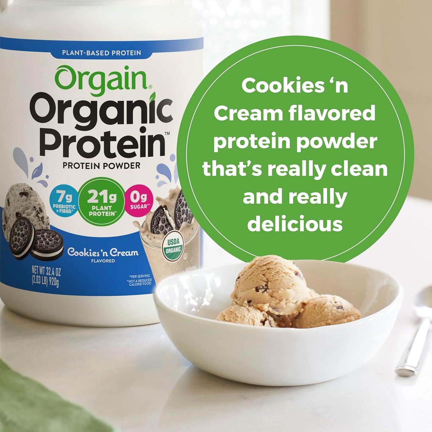 Orgain Organic Vegan Cookies & Cream Protein Powder - 21g Plant-Based Protein, 7g Prebiotic Fiber, Low Net Carb, Non-GMO, 2.03 lb