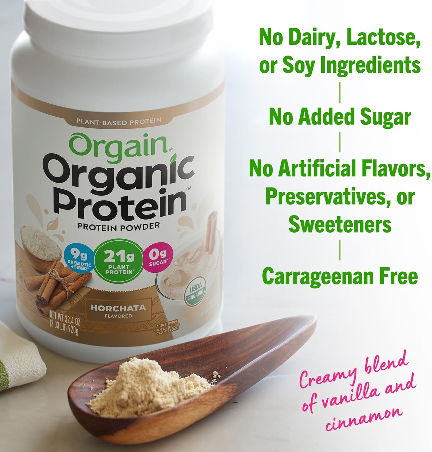 Orgain Organic Vegan Horchata Protein Powder - 21g Plant-Based Protein, 9g Fiber, Low Net Carb, No Lactose, No Added Sugar - Non-GMO, 2.03 lb