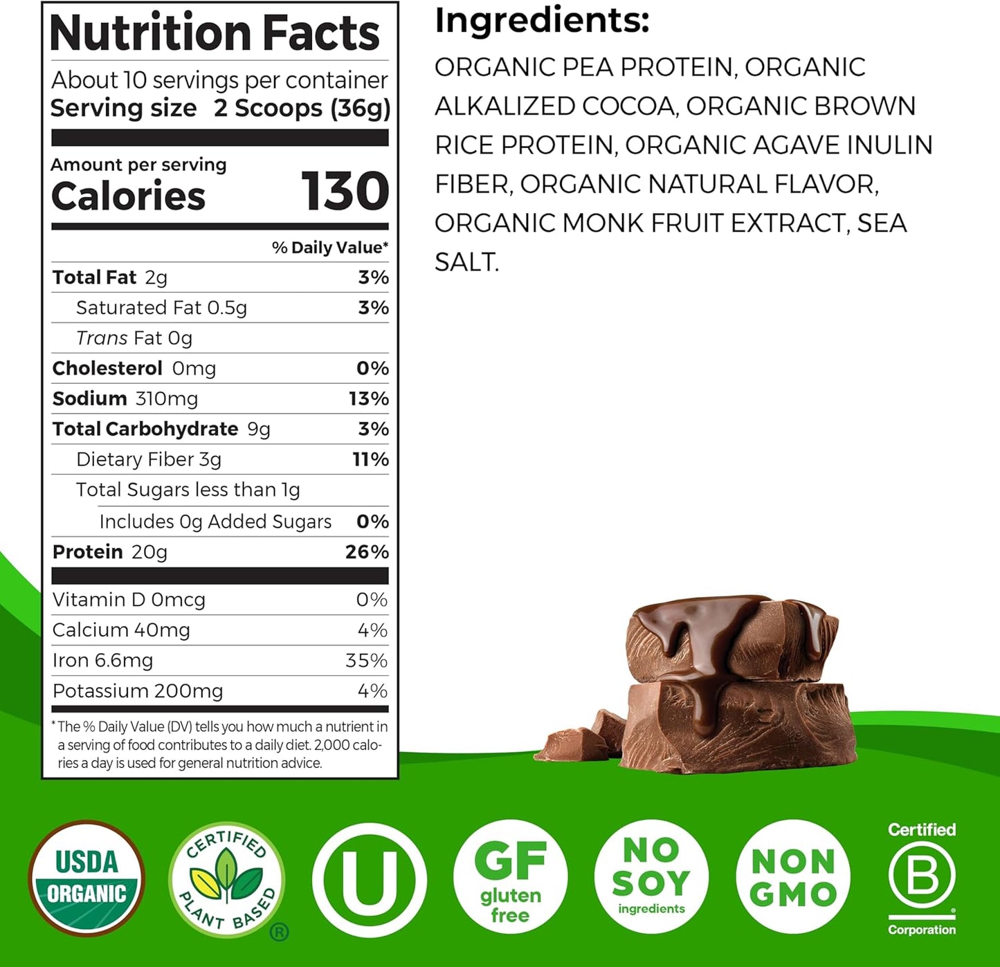 Orgain Organic Vegan Protein Powder - Chocolate, 20g Plant Protein, 7 Clean Ingredients, Low Sugar, Gluten-Free, Non-GMO