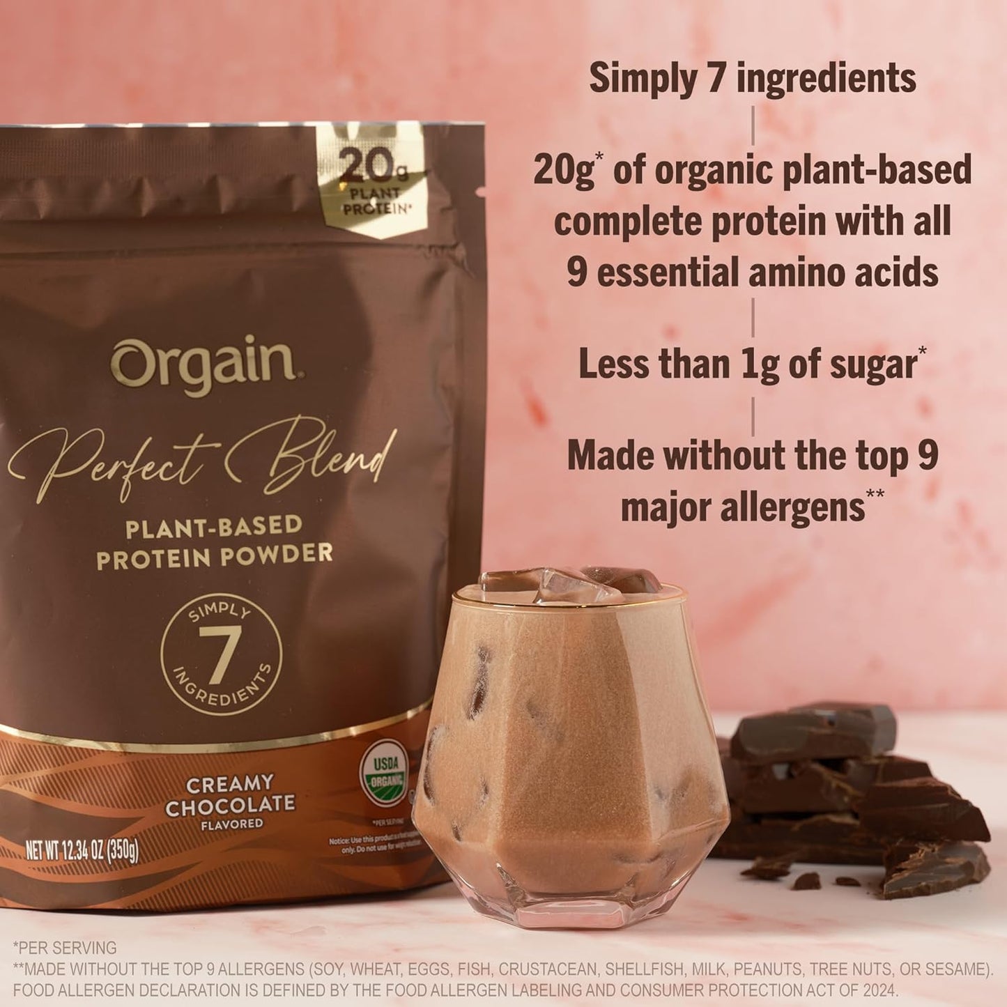 Orgain Organic Vegan Protein Powder - Chocolate, 20g Plant Protein, 7 Clean Ingredients, Low Sugar, Gluten-Free, Non-GMO