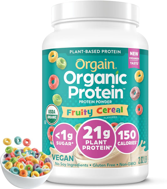 Orgain Organic Vegan Protein Powder - Fruity Cereal Flavor, 21g Plant-Based Protein, 8g Fiber, Low Net Carb, Non-GMO, No Added Sugar - 2.03 lb