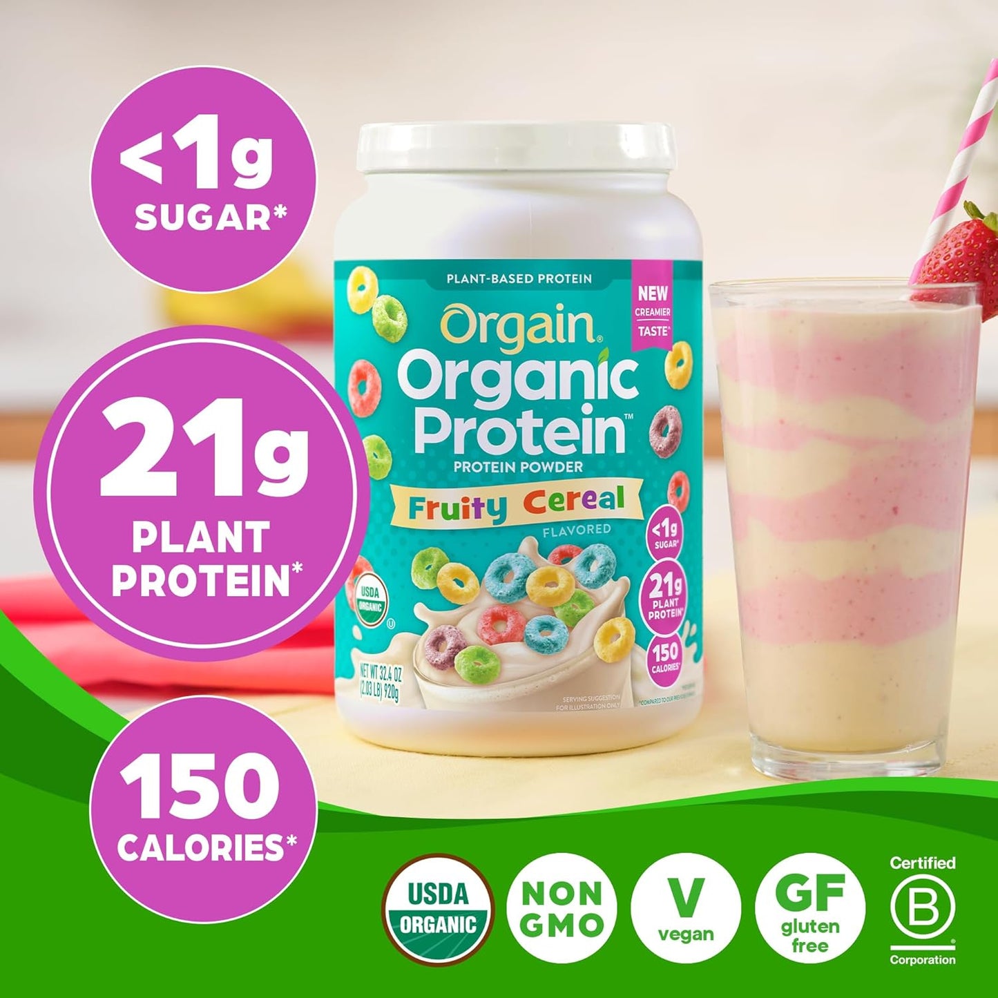 Orgain Organic Vegan Protein Powder - Fruity Cereal Flavor, 21g Plant-Based Protein, 8g Fiber, Low Net Carb, Non-GMO, No Added Sugar - 2.03 lb