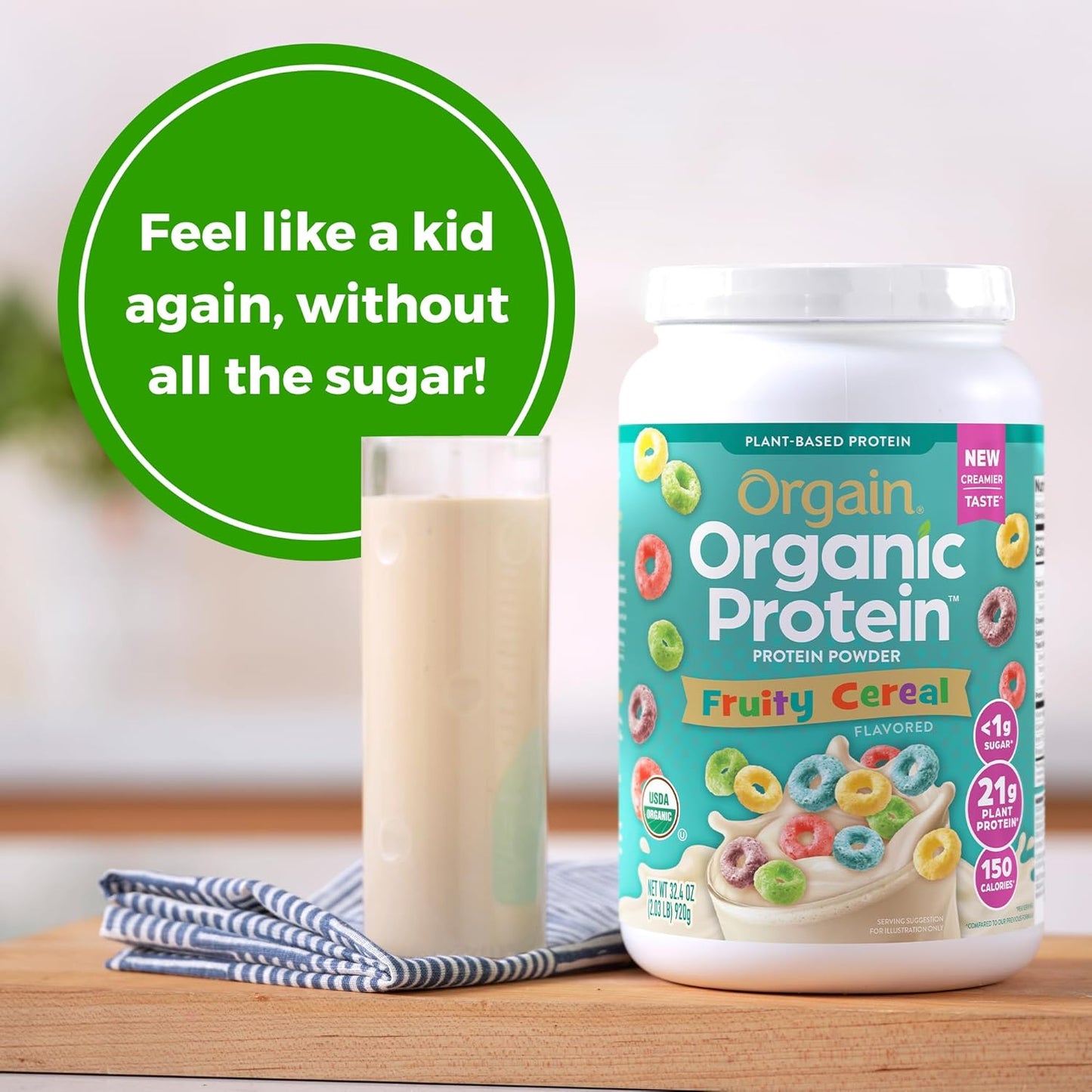 Orgain Organic Vegan Protein Powder - Fruity Cereal Flavor, 21g Plant-Based Protein, 8g Fiber, Low Net Carb, Non-GMO, No Added Sugar - 2.03 lb