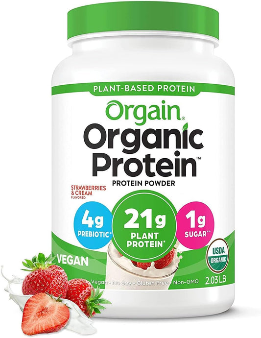 Orgain Organic Vegan Protein Powder, Strawberries & Cream - 21g Plant-Based Protein, 4g Fiber, Low Net Carb, Non-Dairy, Non-GMO, No Added Sugar - 2.03 lb