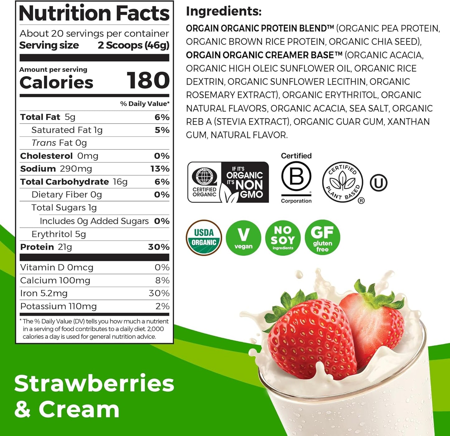 Orgain Organic Vegan Protein Powder, Strawberries & Cream - 21g Plant-Based Protein, 4g Fiber, Low Net Carb, Non-Dairy, Non-GMO, No Added Sugar - 2.03 lb