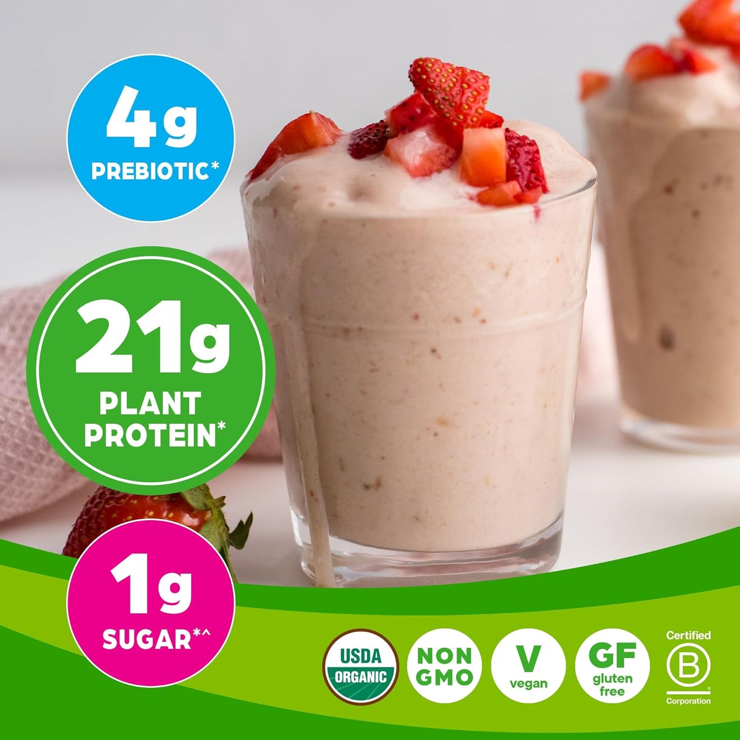 Orgain Organic Vegan Protein Powder, Strawberries & Cream - 21g Plant-Based Protein, 4g Fiber, Low Net Carb, Non-Dairy, Non-GMO, No Added Sugar - 2.03 lb