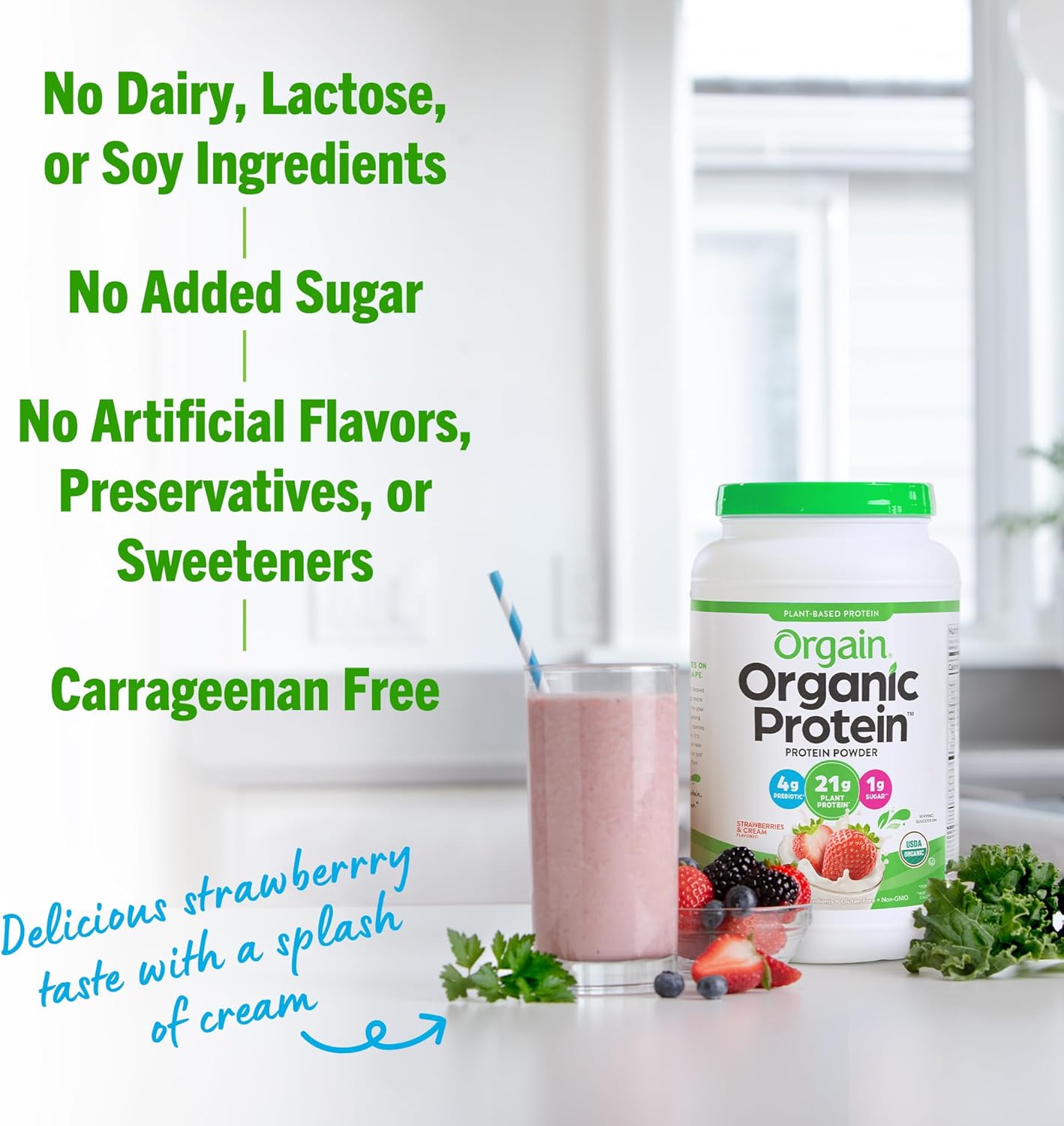 Orgain Organic Vegan Protein Powder, Strawberries & Cream - 21g Plant-Based Protein, 4g Fiber, Low Net Carb, Non-Dairy, Non-GMO, No Added Sugar - 2.03 lb