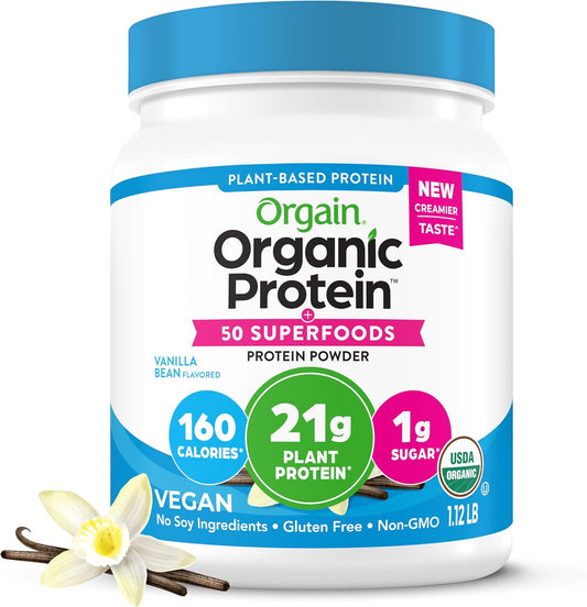 Orgain Organic Vegan Protein Powder with 50 Superfoods - Vanilla Bean Flavor, 21g Plant-Based Protein, 8g Prebiotic Fiber, Lactose-Free, Gluten-Free, Non-GMO, 1.12 lb