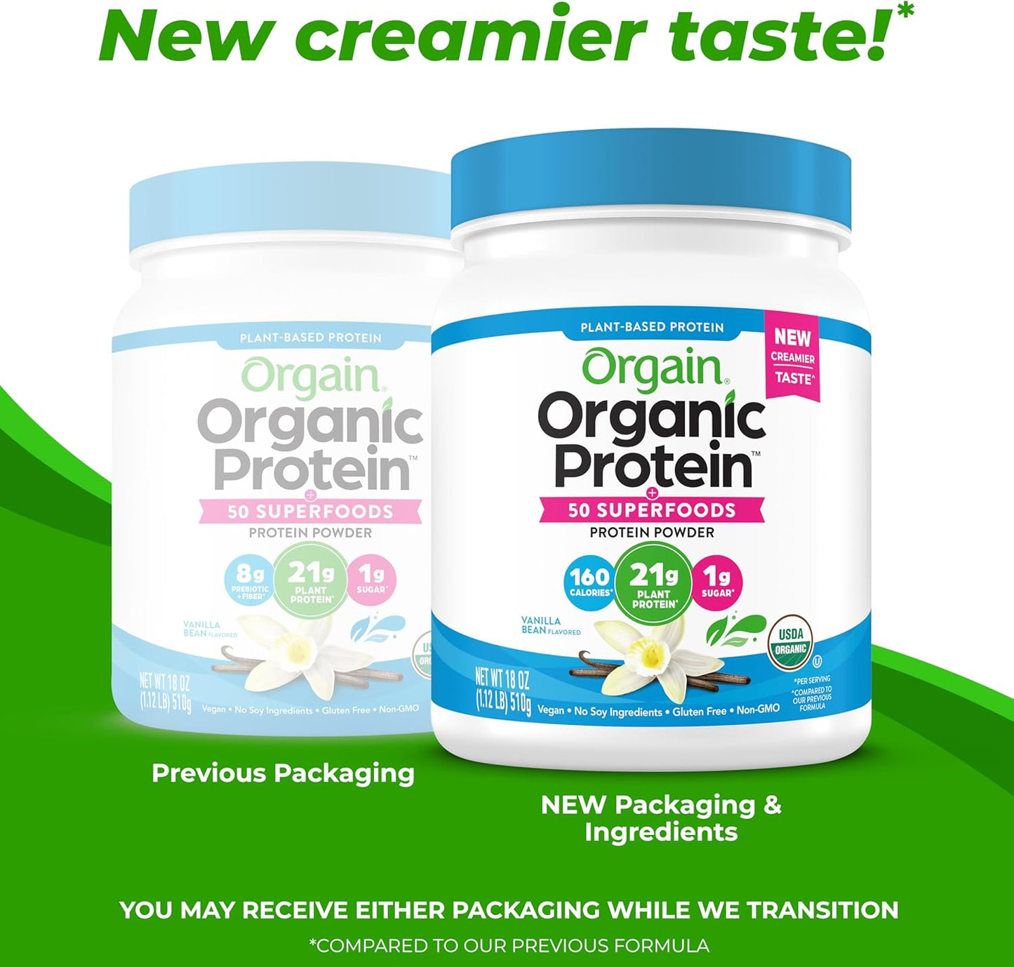 Orgain Organic Vegan Protein Powder with 50 Superfoods - Vanilla Bean Flavor, 21g Plant-Based Protein, 8g Prebiotic Fiber, Lactose-Free, Gluten-Free, Non-GMO, 1.12 lb