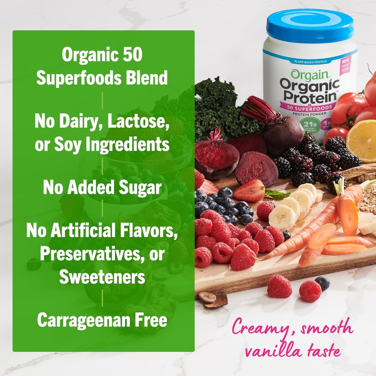 Orgain Organic Vegan Protein Powder with 50 Superfoods - Vanilla Bean Flavor, 21g Plant-Based Protein, 8g Prebiotic Fiber, Lactose-Free, Gluten-Free, Non-GMO, 1.12 lb