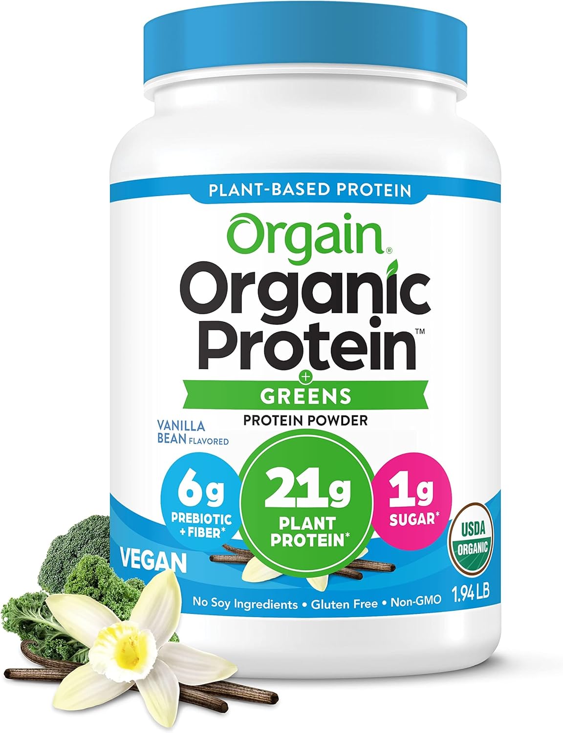 Orgain Organic Vegan Protein Powder with Greens, Vanilla Bean - 21g Protein, 6g Fiber, Gluten Free, No Sugar Added - 1.94lb